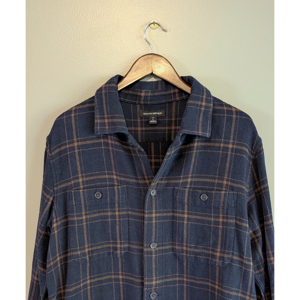Banana Republic Mens Large Tall LT Heavyweight Navy Blue Flannel Shirt Button Up